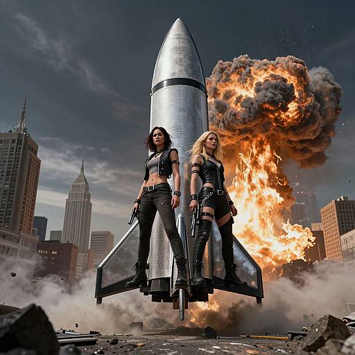 Digital artwork: Two fierce, leather-clad women with guns stand back-to-back in front of a rocket, exploding behind them in a cityscape.