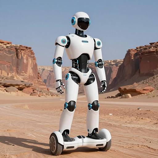Futuristic Robot on Hoverboard in Canyon