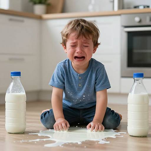 Crying Boy Amidst Milk Bottles