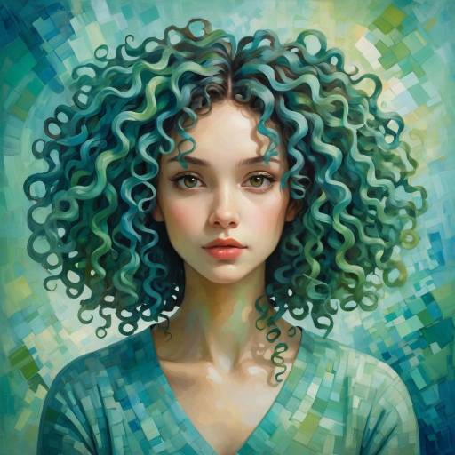 Digital Portrait of Woman with Curly Blue Hair