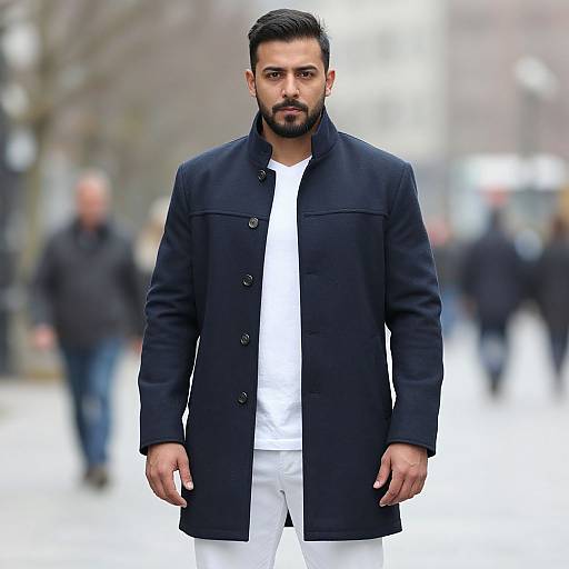 Photograph of a bearded Middle Eastern man with short black hair, wearing a black coat over a white shirt and white pants, standing in a blurred