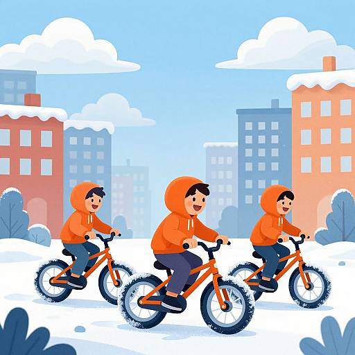 Digital illustration of three children in orange hoodies riding red bicycles through a snowy urban landscape with colorful buildings and fluffy clouds.