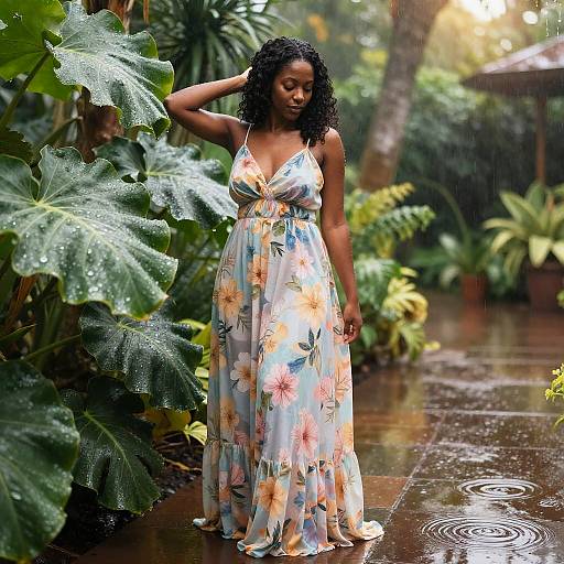 Serene Woman in Rainy Botanical Garden