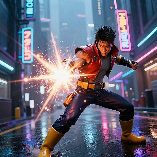 Cyberpunk Fighter Unleashing Energy Blast