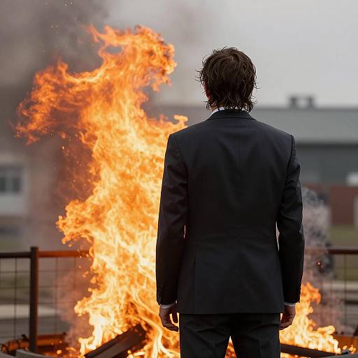 Man in Suit Facing Large Fire