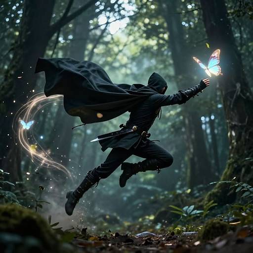 Digital artwork of a hooded, black-cloaked figure mid-leap, catching a glowing butterfly in a mystical, dense forest with ethereal light