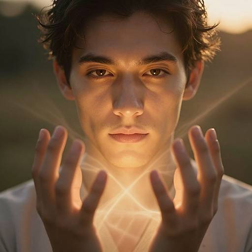 Photograph of a young man with dark, wavy hair and brown eyes, hands glowing with light, illuminated by sunset, wearing a white shirt,