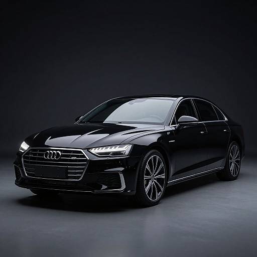 Photograph of a sleek, black Audi sedan with sharp LED headlights, modern grille, and alloy wheels, set against a dark, gradient background.