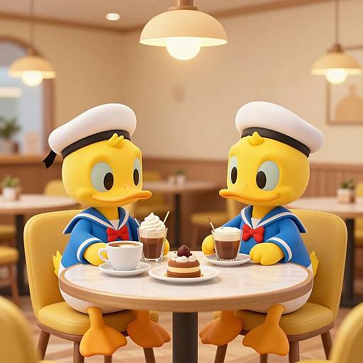 Digital cartoon of two yellow ducklings in sailor uniforms, sitting at a café table with coffee and cake, under warm lighting.