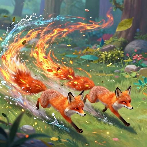 Digital fantasy artwork of two fiery red foxes with blazing tails, running through a vibrant, enchanted forest with colorful foliage.