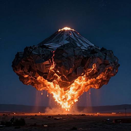 Photograph of a fiery, mountain-shaped UFO with a glowing top, engulfed in bright orange flames, against a dark, starry night sky.