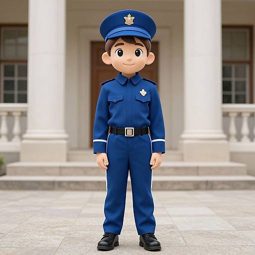 Digital cartoon of a cute, young boy in a blue police uniform standing in front of a white-columned building.
