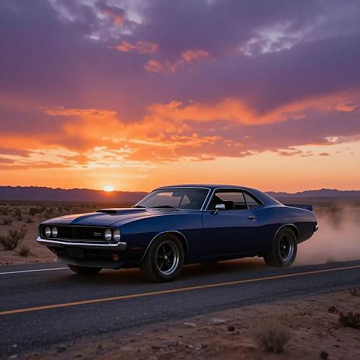 Midnight Blue Retro Muscle Car Sunset