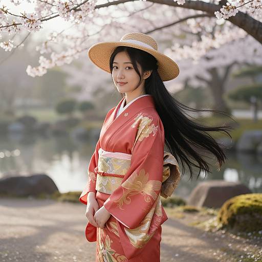 Elegant Asian Girl in Traditional Kimono
