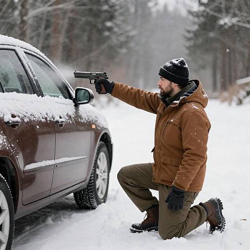 Man Aiming Handgun at Car in Snow