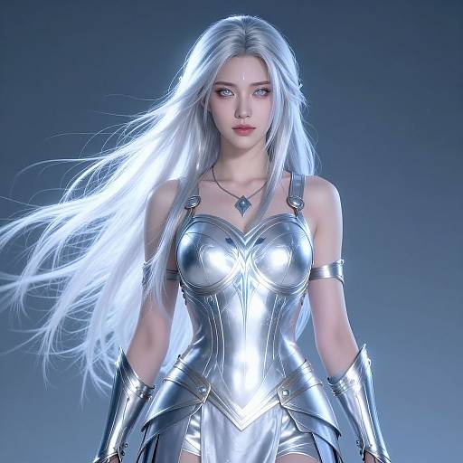 CGI image of a silver-haired woman in shimmering, metallic armor with a diamond pendant, standing against a gradient blue background.