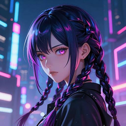Digital anime-style portrait of a young woman with black braided hair, glowing purple eyes, and black leather jacket, set against a neon-lit,