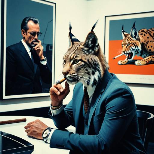 Lynx in Suit Smoking Cigar in Art Gallery