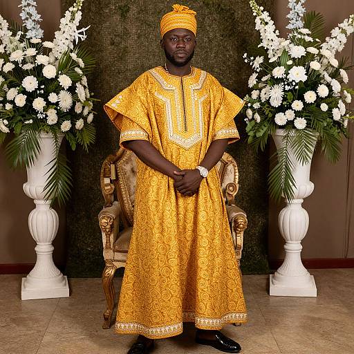Photograph of a dark-skinned man in an orange, intricately patterned traditional African robe and headwrap, standing in front of ornate floral