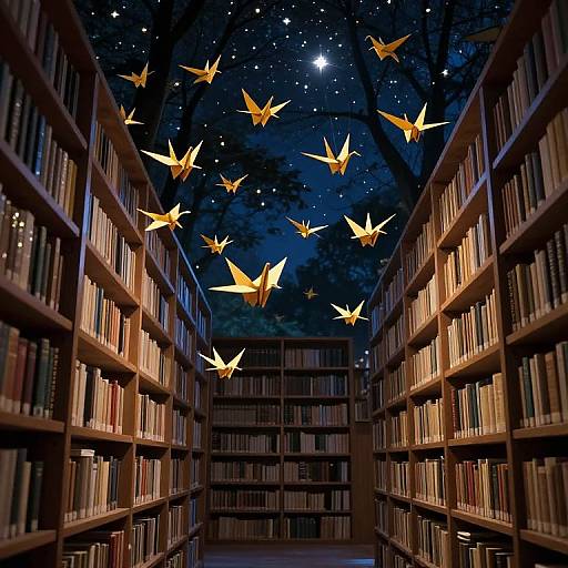 Celestial Paper Cranes in Night Library