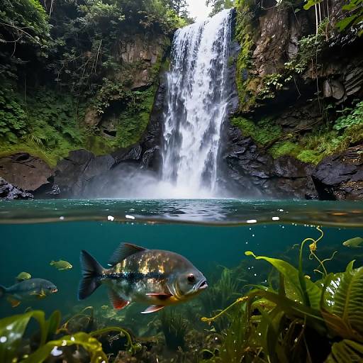 Photograph of a lush, green jungle waterfall cascading into a clear, turquoise pool with a fish in the foreground, surrounded by vibrant aquatic plants.