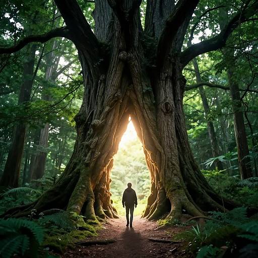 Person Standing at Glowing Tree Portal in Forest