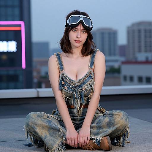 Photograph of a young woman with pale skin and dark brown hair, wearing goggles, fringed denim dress, and pants, sitting cross-legged on a