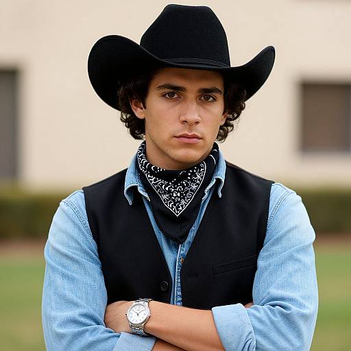 Photograph of a young man with curly black hair, wearing a black cowboy hat, blue denim shirt, black vest, and bandana, with arms
