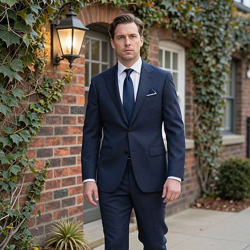 Photograph of a handsome, serious-looking man in a dark navy suit, white shirt, and black tie, standing in front of a brick house with