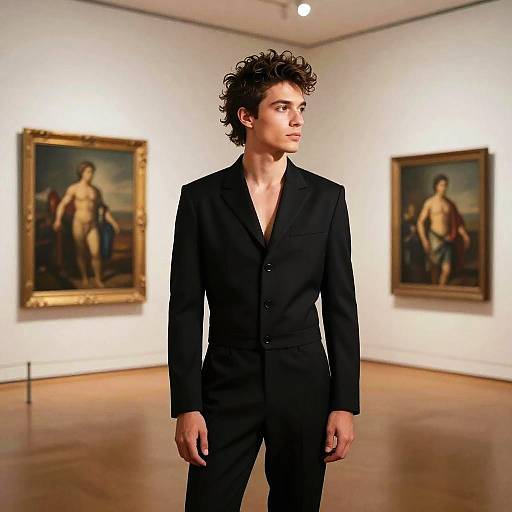 Photograph of a young, curly-haired man in a black suit standing in an art gallery with two classical paintings of nude male figures in the background.