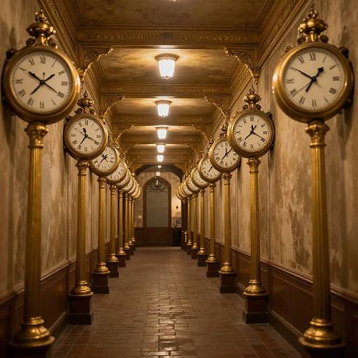 Photograph of a dimly lit, vintage hallway with ornate, gold clock pillars lining both sides, creating a symmetrical row. Warm, yellow