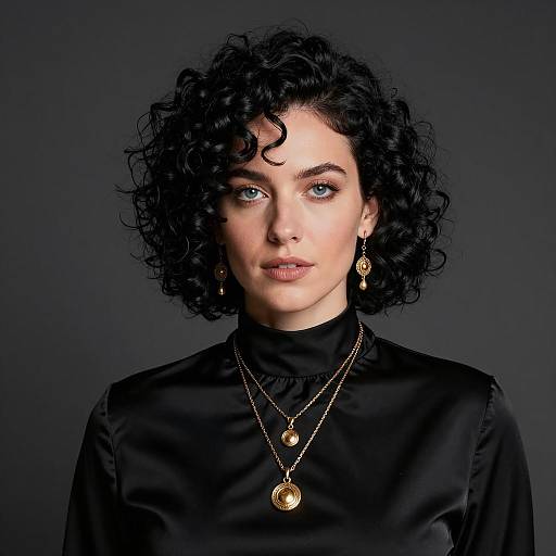 Woman with Curly Black Hair in Black Satin Blouse