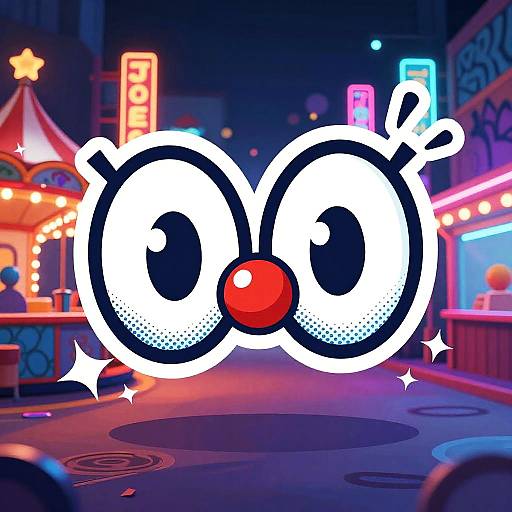 Cartoon reindeer nose with large white eyes, red nose, and sparkling effects, set against a vibrant neon-lit city street.
