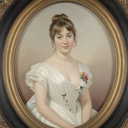 Victorian-era portrait of a fair-skinned woman with brown hair in an updo, wearing a white lace dress with floral embroidery, framed in an