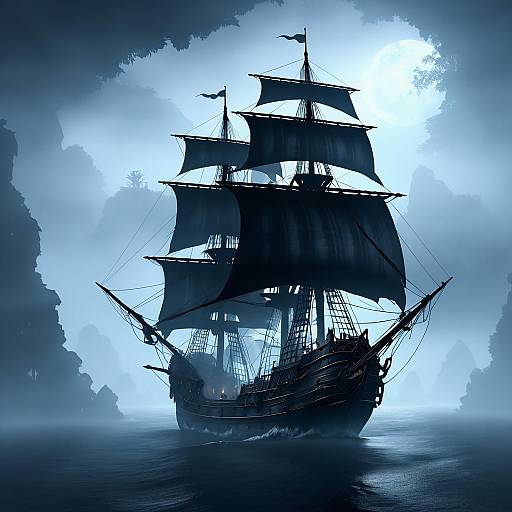 Pirate Ship Sailing Through Foggy Islands