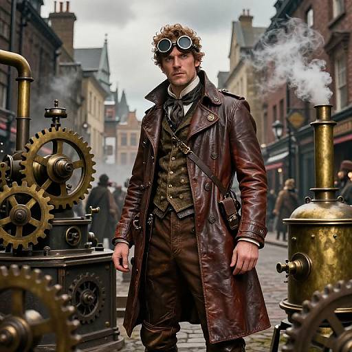 Steampunk man in brown leather coat, goggles, and gears, standing in a foggy, industrial street with steam machinery. Digital artwork.