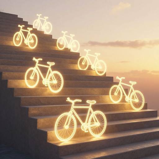 Photograph of illuminated, glowing bicycle silhouettes on a staircase, backlit by a sunset, creating a mesmerizing, ethereal effect.