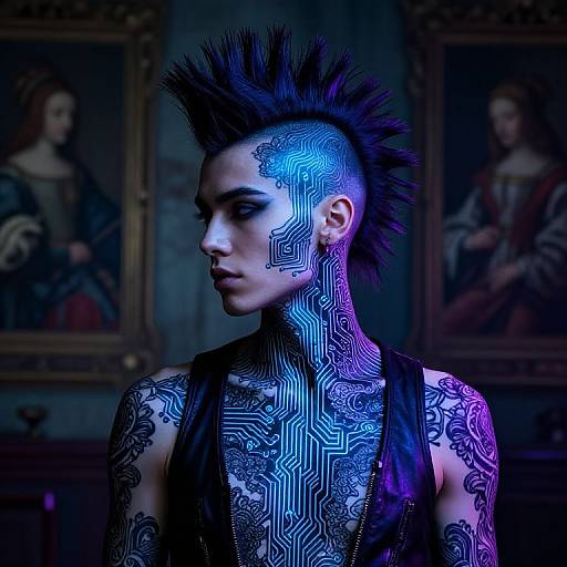 Photograph of a pale-skinned, androgynous person with spiked blue and black hair, intricate neon circuit tattoos, and black leather vest,