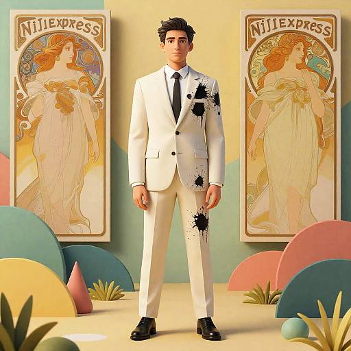 Ink-Splattered Suit in Surreal Dreamscape