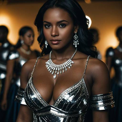 Elegant Dark-Skinned Woman in Silver Armor Dress