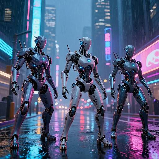 Photorealistic CGI of three futuristic, glowing blue and pink humanoid robots walking in a rain-soaked, neon-lit urban street at night.