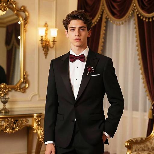 Photograph of a young man with dark, wavy hair in a black tuxedo with a red bow tie, standing in an opulent,