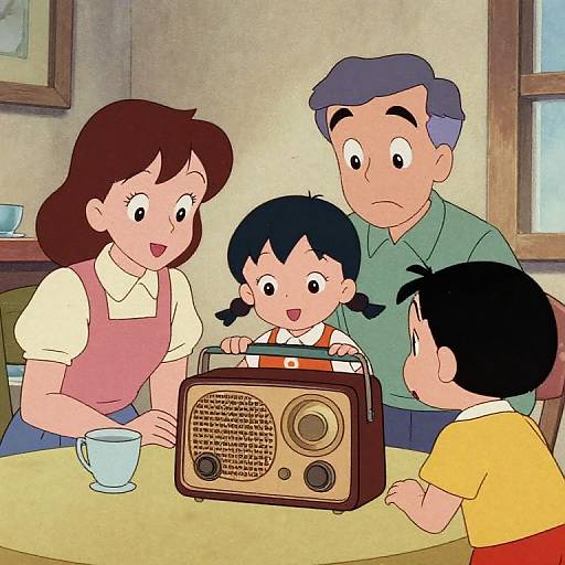 Cartoon illustration of a family around a vintage radio, featuring a mother, father, and two children, in a cozy kitchen.