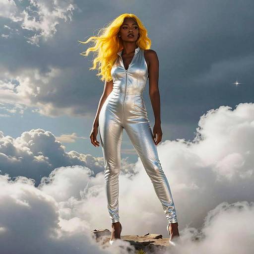 Photograph of a tall, Black woman with bright yellow hair, wearing a shiny silver jumpsuit and high heels, standing on a rock amidst dramatic,
