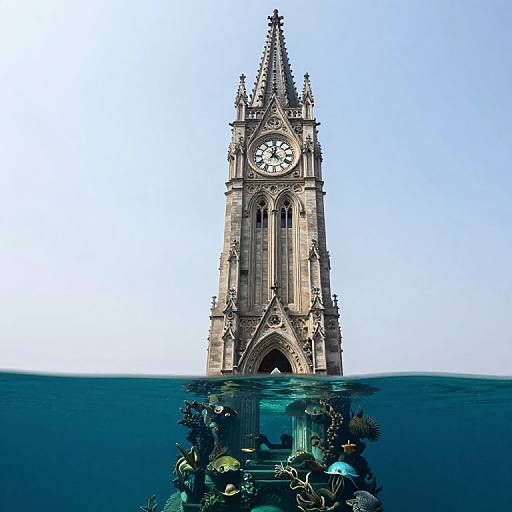 Photograph of a Gothic-style clock tower emerging from a deep blue ocean, with underwater marine life including corals and fish in the foreground.