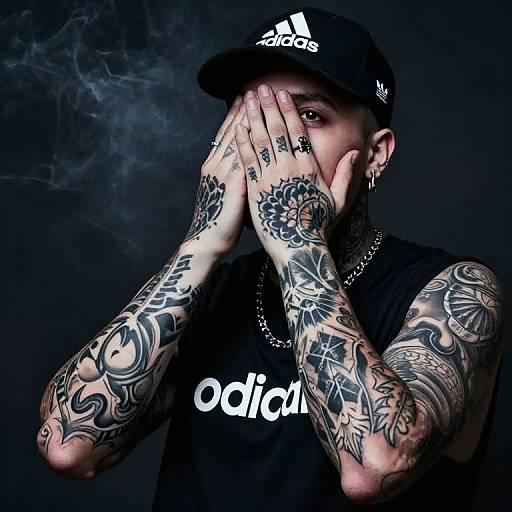 Photograph of a tattooed man with black Adidas shirt, cap, covering face with hands, smoke in background, dark backdrop.