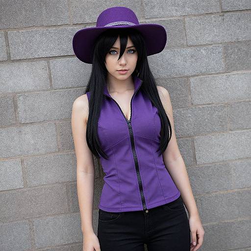 Digital art of a pale-skinned woman with long black hair, purple sleeveless zip-up top, black pants, and wide-brimmed purple hat