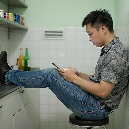 Asian Man Focused in Green Kitchen