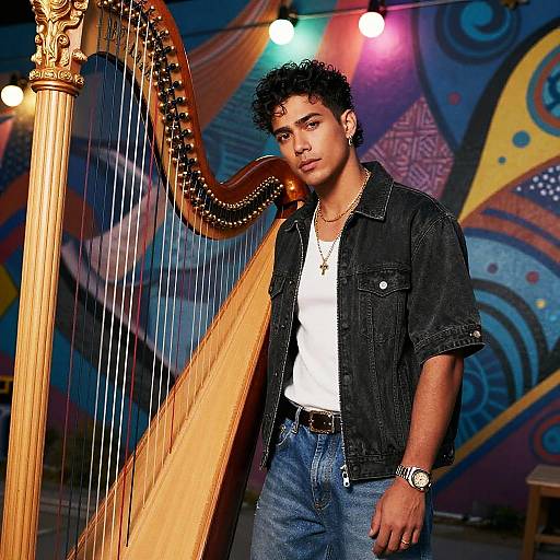 Young Man in Streetwear with Harp and Mural
