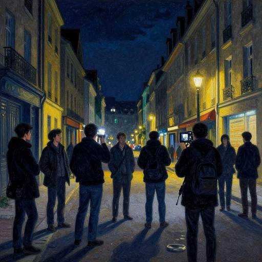 Nighttime photograph of a cobblestone street with seven men in dark coats standing in a line, illuminated by yellow street lamps and shop lights.
